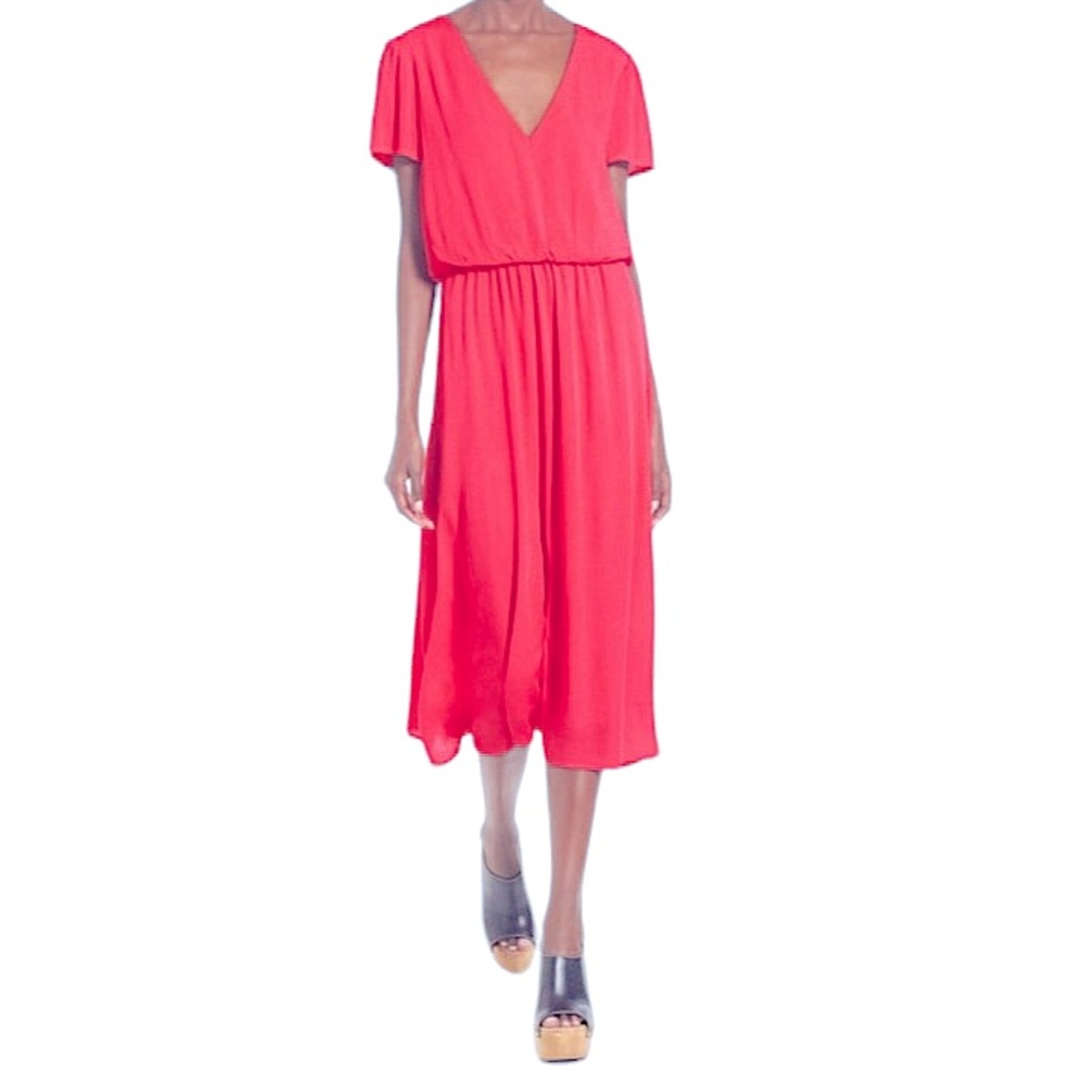Wayf Coral Red XS Blouson Short Sleeve Deep V Neck Midi Dress